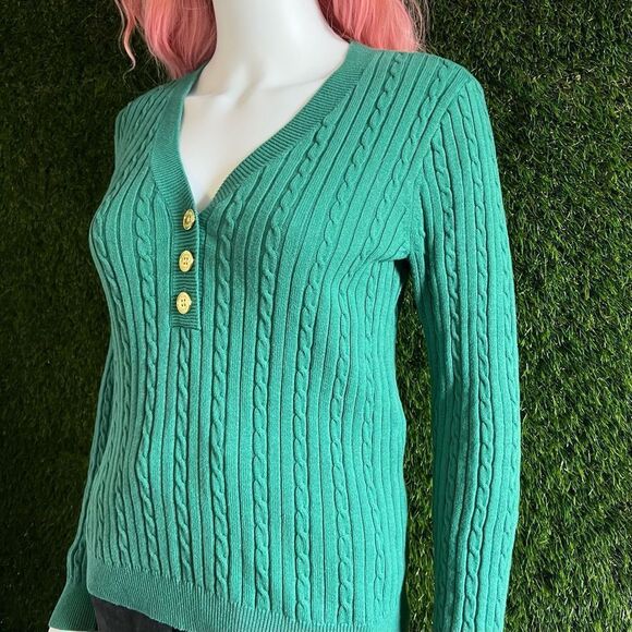 Chaps Cable V-Neck Half Button Sweater - Picture 3 of 6